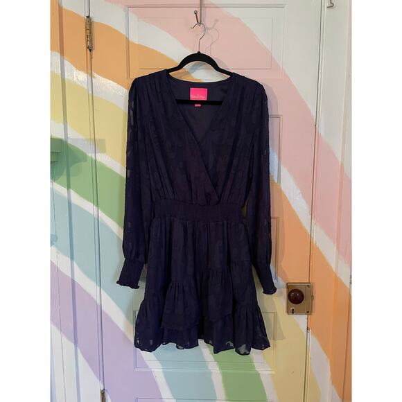 Lilly Pulitzer Navy Jacquard Long Sleeve Smocked Waist Mini Dress 12 - Picture 11 of 12